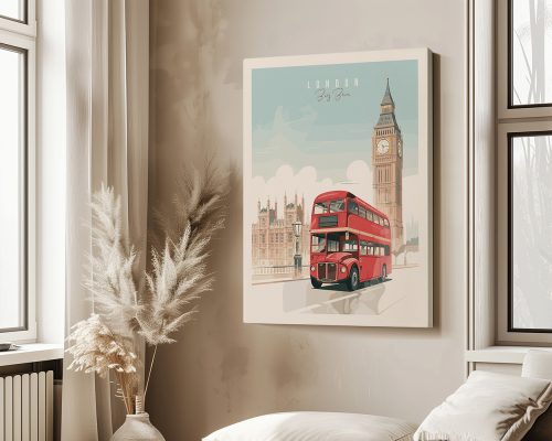 Illustrated print of Big Ben with a red London double-decker bus in front of the Houses of Parliament.