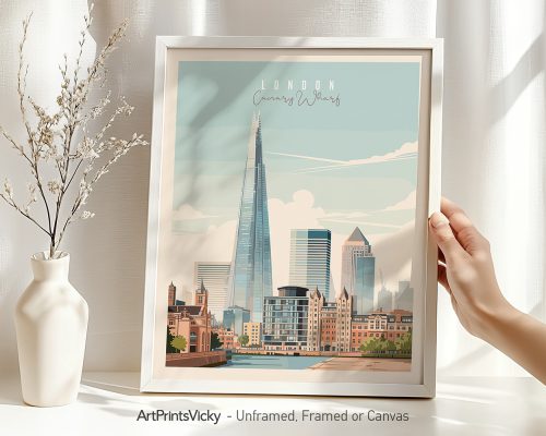 London skyline art print featuring Canary Wharf and The Shard.