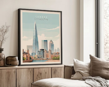 London skyline art print featuring Canary Wharf and The Shard.