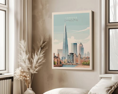 London skyline art print featuring Canary Wharf and The Shard.