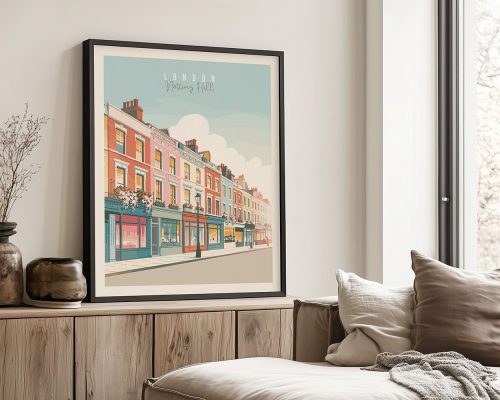 Illustrated Notting Hill street scene with colorful pastel townhouses and storefronts.