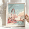 Illustrated London Eye skyline print with soft pastel colors, featuring Big Ben and the River Thames.