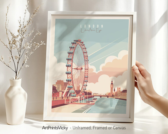 Illustrated London Eye skyline print with soft pastel colors, featuring Big Ben and the River Thames.