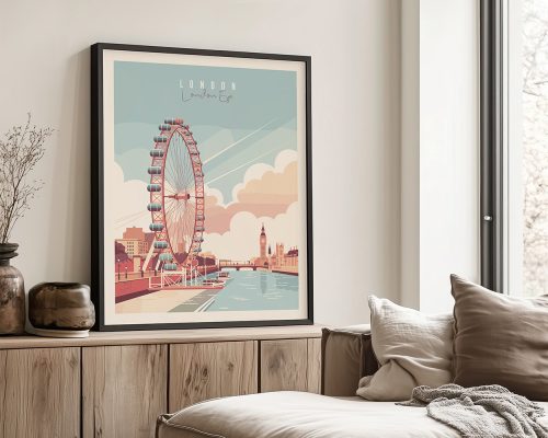 Illustrated London Eye skyline print with soft pastel colors, featuring Big Ben and the River Thames.