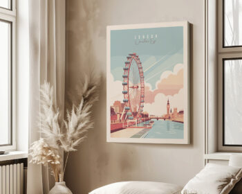 Illustrated London Eye skyline print with soft pastel colors, featuring Big Ben and the River Thames.