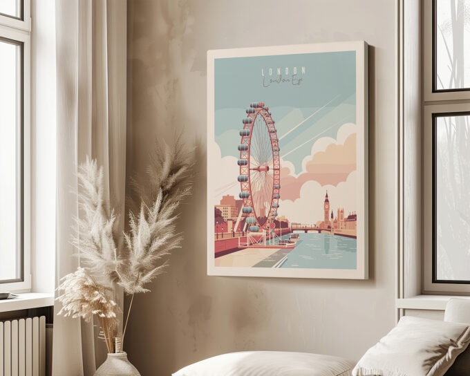 Illustrated London Eye skyline print with soft pastel colors, featuring Big Ben and the River Thames.