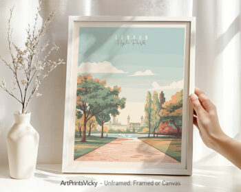 Hyde Park London art print with autumn trees and pathway in soft colors with white frame