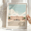 Buckingham Palace London art print in soft pink and teal colors with white frame and minimalist style