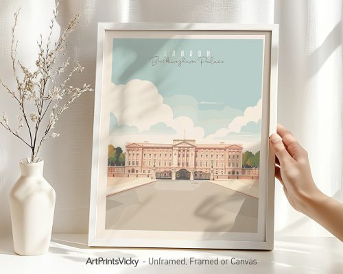 Buckingham Palace London art print in soft pink and teal colors with white frame and minimalist style