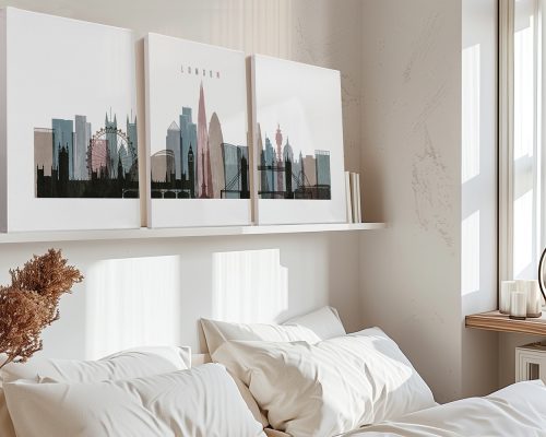 Three framed art prints of London skyline featuring notable landmarks on a wall above a bed.