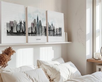Three art prints of London skyline featuring notable landmarks in a minimalist style.