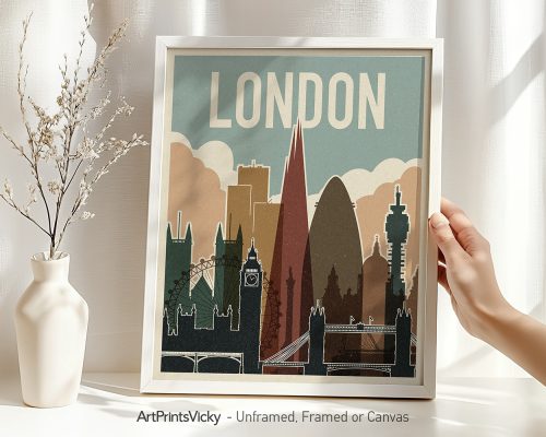 Framed vintage art print of London featuring iconic landmarks and the word 'LONDON'.