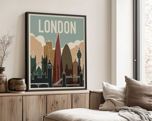 Framed vintage artwork depicting a stylized cityscape of London with notable landmarks.