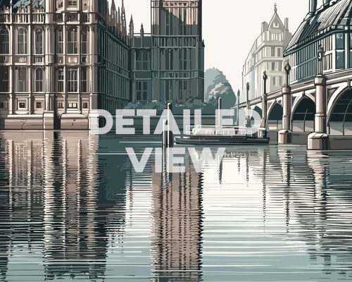 Illustration depicting the Houses of Parliament and the River Thames with reflections in the water.