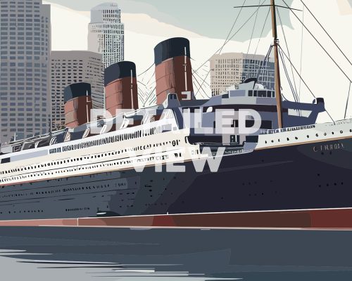 Detailed illustration of a historic ocean liner with three prominent smokestacks docked at a city harbor.