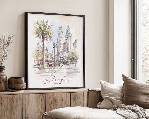 Illustration of Los Angeles featuring palm trees and city buildings in a framed print.