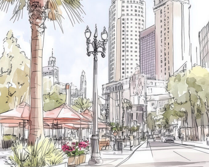 Illustration of a city street in Los Angeles featuring palm trees and outdoor seating.