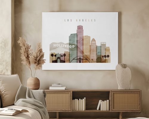 Art print featuring a stylized cityscape of Los Angeles with Hollywood sign and skyline elements.
