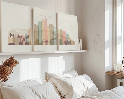 Three art prints depicting a stylized Los Angeles cityscape with Hollywood sign and skyline.