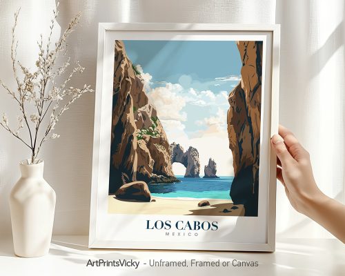 Art print of Los Cabos featuring a beach scene with rock formations and blue sky.