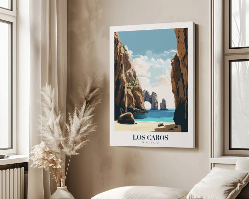 Art print featuring a scenic view of Los Cabos, Mexico with cliffs and ocean.