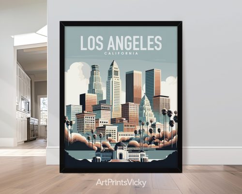 Los Angeles skyline travel poster in smooth colors by ArtPrintsVicky