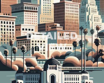 Illustration of a Los Angeles cityscape featuring buildings and palm trees in a stylized design.