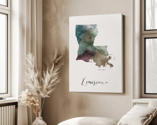 Artistic representation of the state of Louisiana with watercolor effects in various colors.