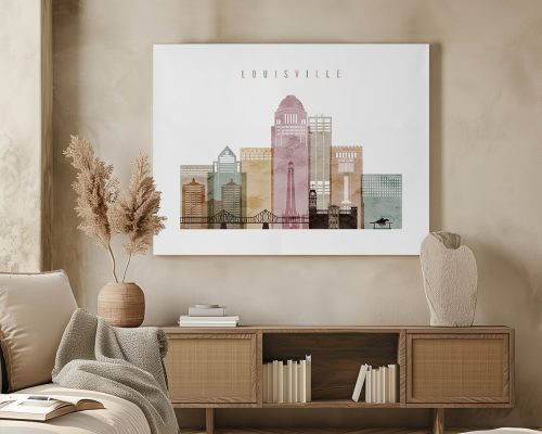 Art print featuring a stylized cityscape of Louisville with various buildings and structures.