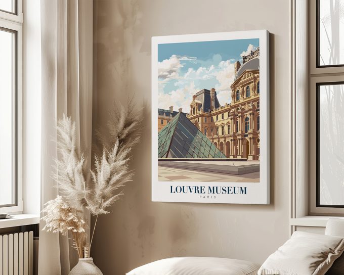 Art print of the Louvre Museum featuring the glass pyramid and historic architecture in Paris.