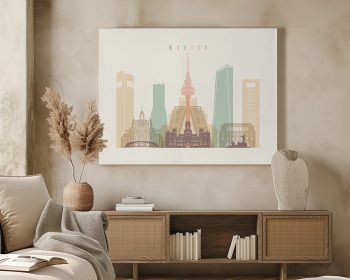 Artistic representation of Madrid's skyline featuring notable buildings and structures.