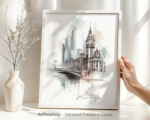 Illustration of Manchester's cityscape featuring notable buildings and a bridge.