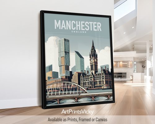 Manchester travel poster in smooth colors by ArtPrintsVicky