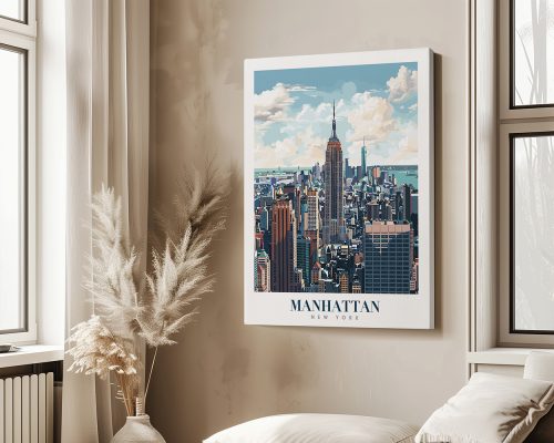 Art print of Manhattan skyline featuring the Empire State Building and surrounding buildings.