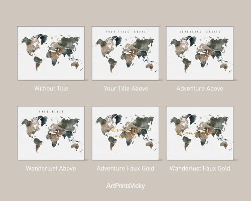 World map featuring various title options in different styles and colors.