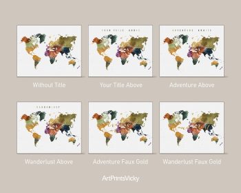 A collection of six world map designs featuring various title options in different styles and colors.