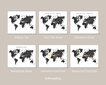 Black and white world map featuring various title options in gold text.