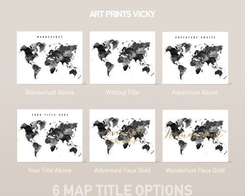 World map poster black and white title options