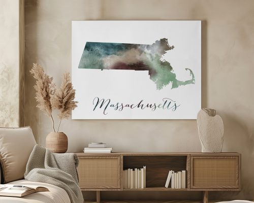 Artistic representation of a map of Massachusetts with a watercolor effect and the state name.