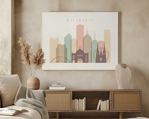 Stylized illustration of Melbourne's skyline featuring various buildings and landmarks.