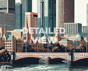 Illustration of Melbourne cityscape featuring buildings and a bridge over water.