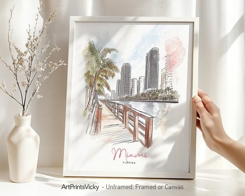 Art print of a Miami cityscape featuring buildings and palm trees in a framed design.