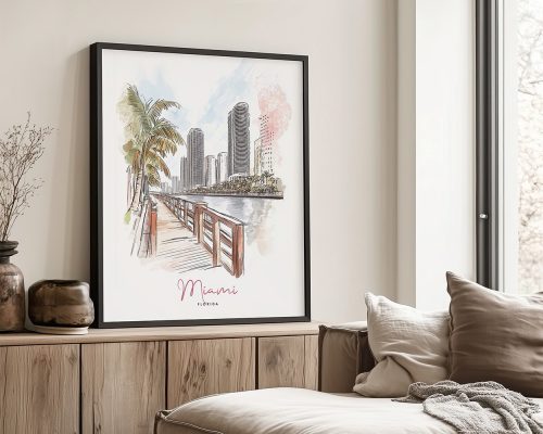 Illustration of a Miami cityscape featuring palm trees and buildings along a waterfront.