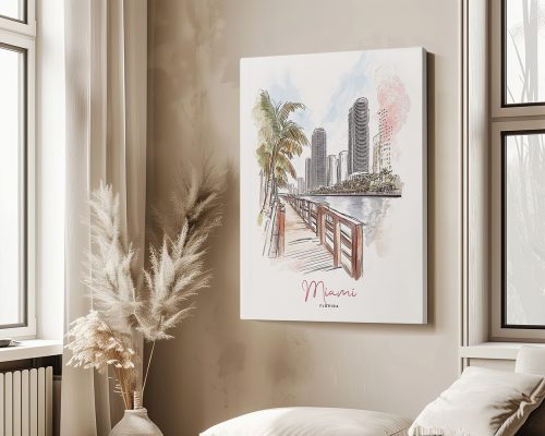 Illustration of a Miami cityscape featuring palm trees and skyscrapers along a waterfront.