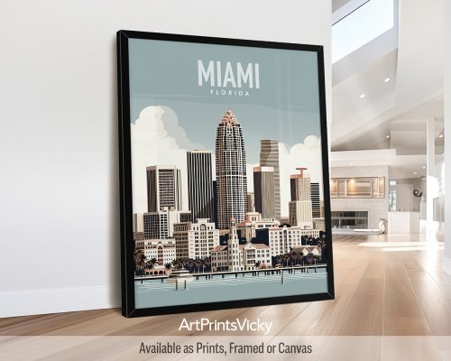 Miami skyline travel poster in smooth colors by ArtPrintsVicky