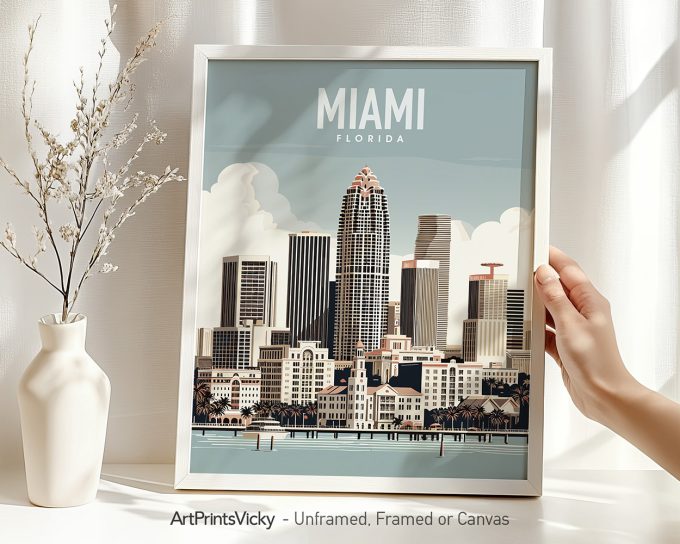 Art print featuring a stylized depiction of Miami's skyline with the text 'Miami Florida'.