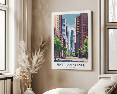 Art print depicting Michigan Avenue in Chicago with buildings and trees.