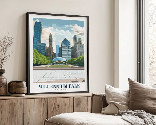 Art print of Millennium Park in Chicago featuring the Cloud Gate sculpture and city skyline.