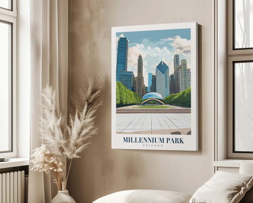 Art print depicting Millennium Park in Chicago with skyline and clouded sky.