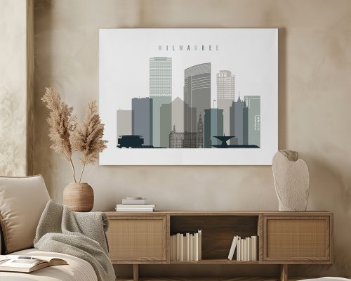 Art print of the Milwaukee skyline featuring various buildings in muted colors.
